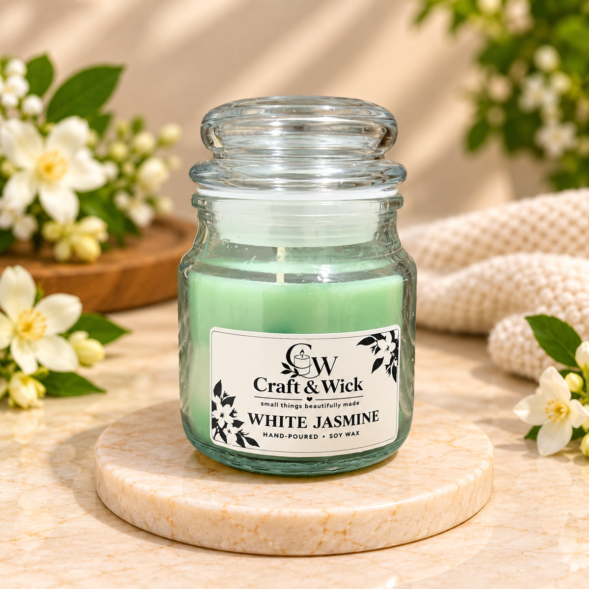 White Jasmine Scented Soy Wax Candle in Glass Jar | Craft & Wick