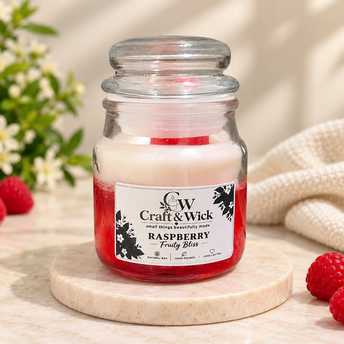 Raspberry Bliss Scented Gel Candle in Glass Jar | Handmade Decorative Candle – Craft & Wick