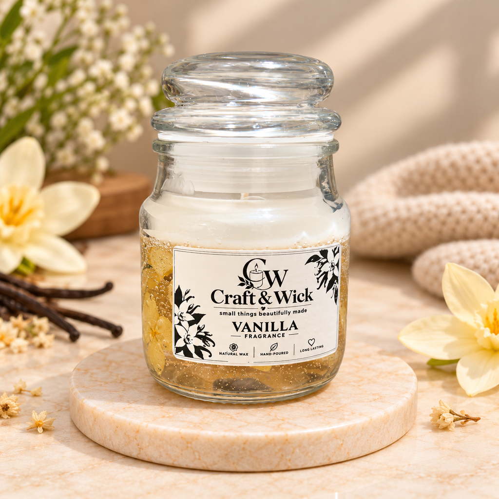 Vanilla Scented Gel Candle in Glass Jar | Handmade Decorative Candle | Craft & Wick