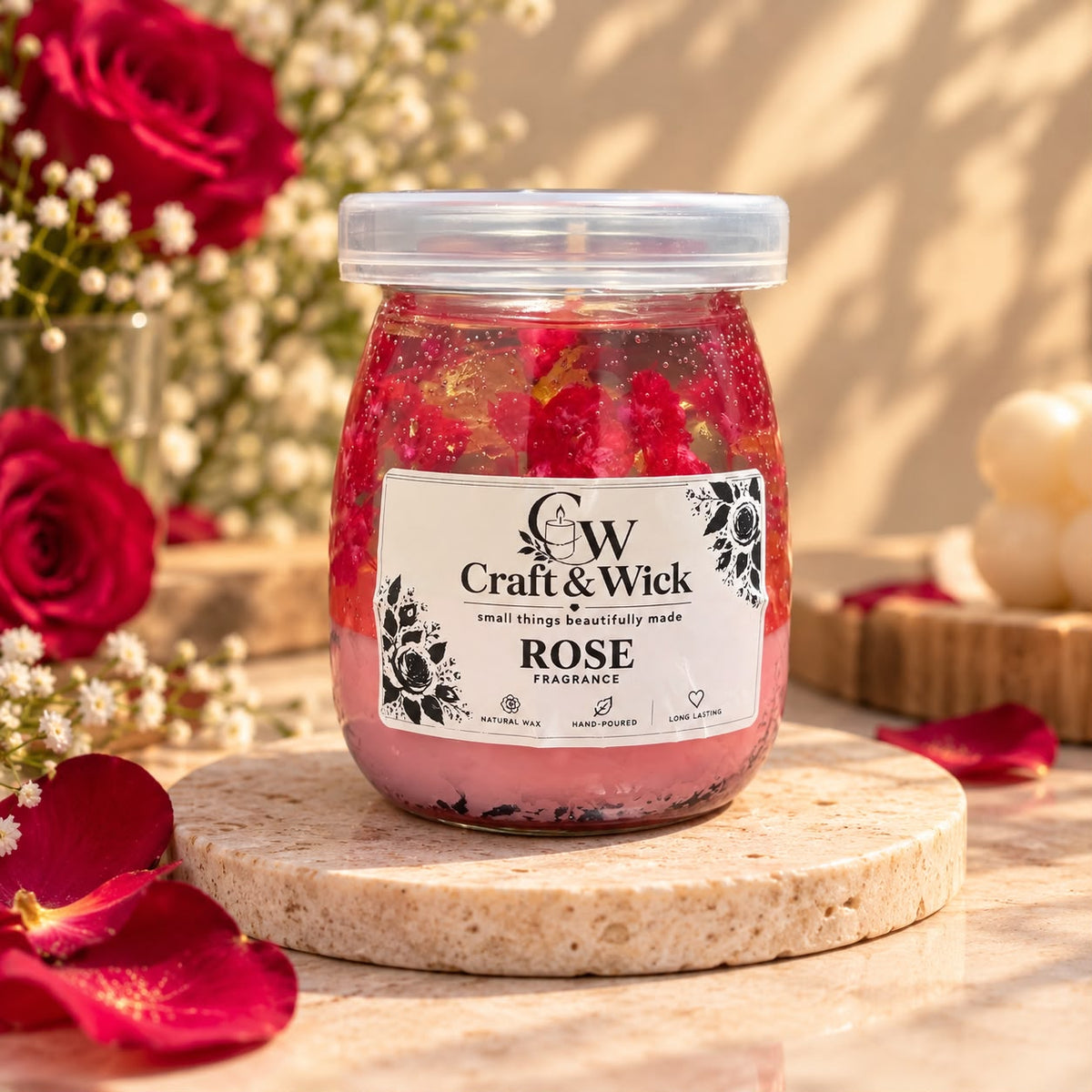 Rose Scented Gel Candle in Glass Jar | Handmade Floral Candle – Craft & Wick