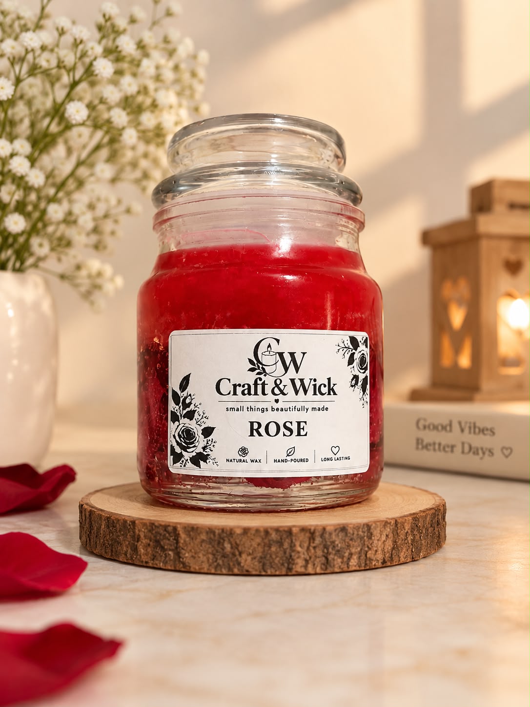 Rose scented candle in glass jar with Craft & Wick label, front view