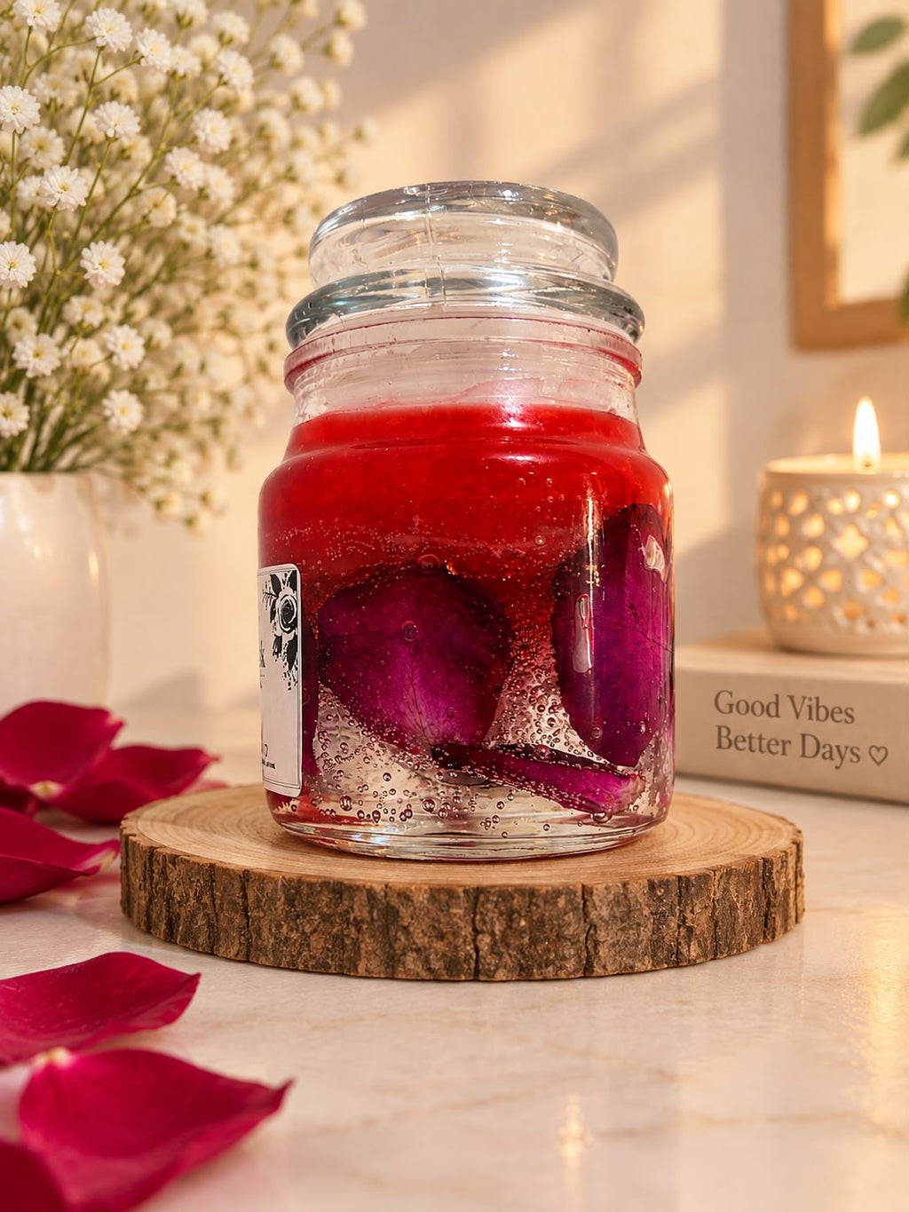 Rose scented candle in glass jar showing dried rose petals inside, side view